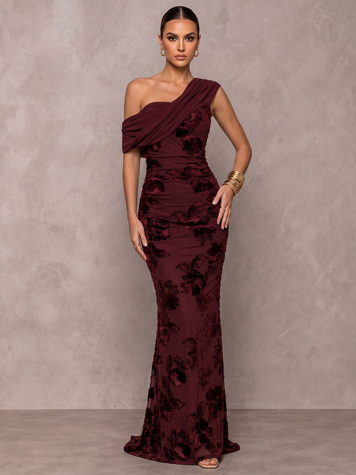 Sheath/Column Formal Dresses Off-the-Shoulder Sleeveless Chiffon Floor-Length Evening Dresses with Florals