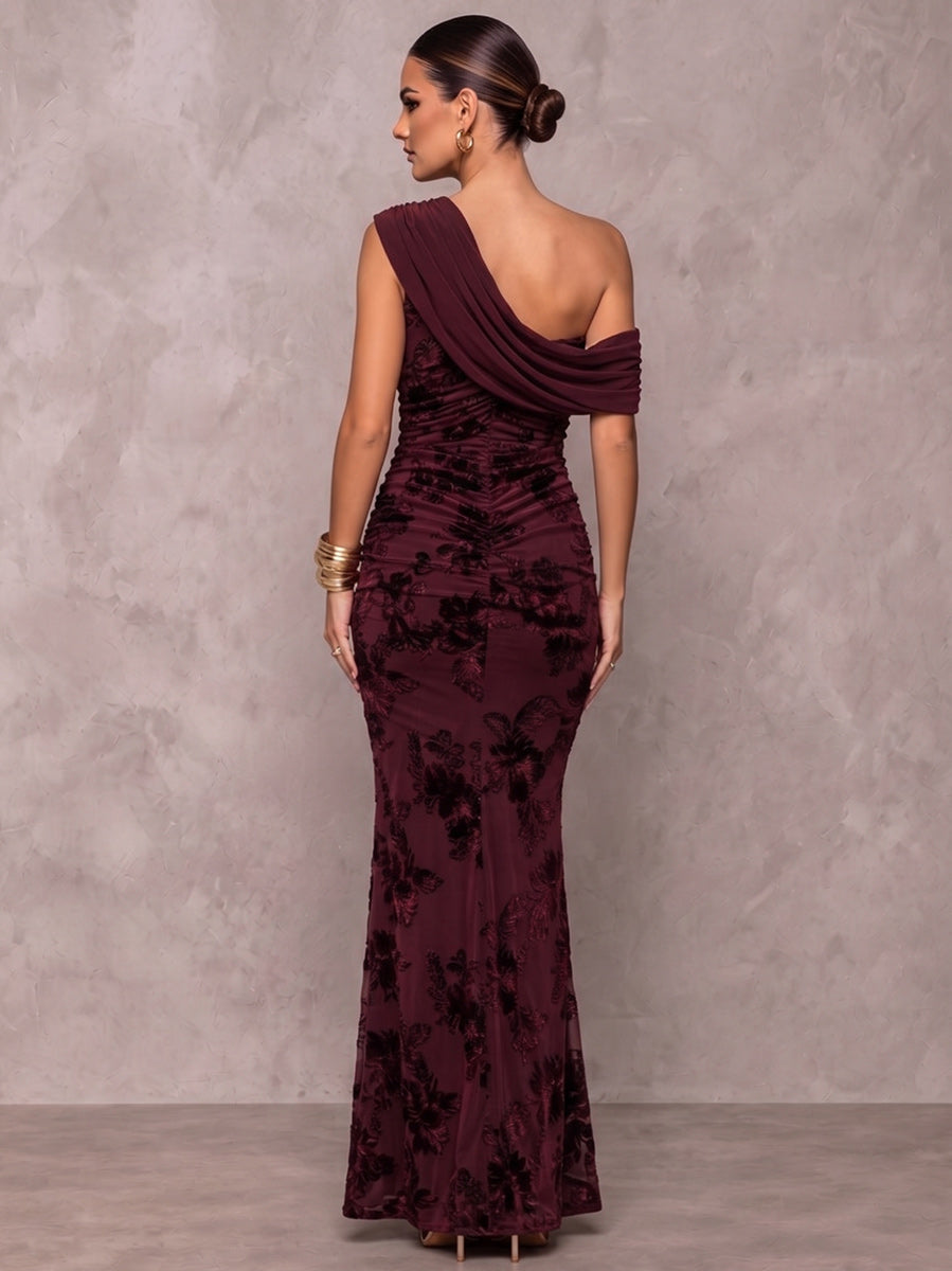 Sheath/Column Formal Dresses Off-the-Shoulder Sleeveless Chiffon Floor-Length Evening Dresses with Florals