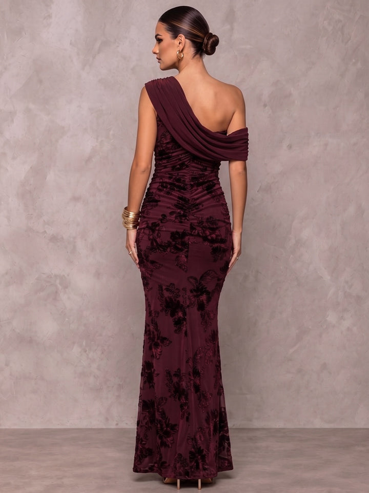 Sheath/Column Formal Dresses Off-the-Shoulder Sleeveless Chiffon Floor-Length Evening Dresses with Florals