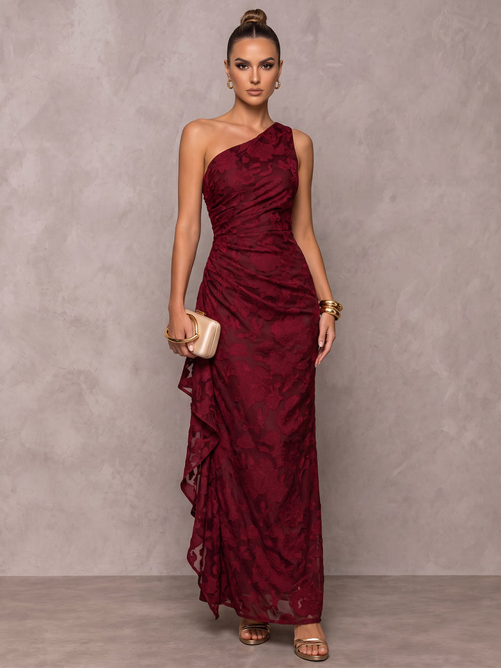 Sheath/Column Formal Dresses One-Shoulder Sleeveless Chiffon Floor-Length Evening Dresses with Florals-Ruffle