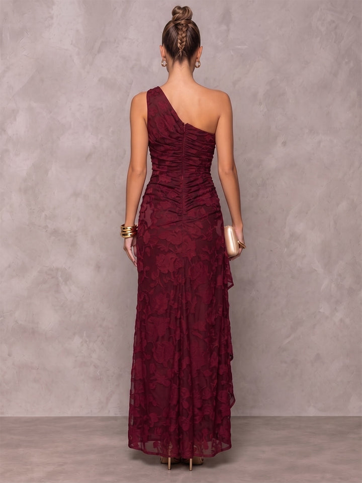Sheath/Column Formal Dresses One-Shoulder Sleeveless Chiffon Floor-Length Evening Dresses with Florals-Ruffle
