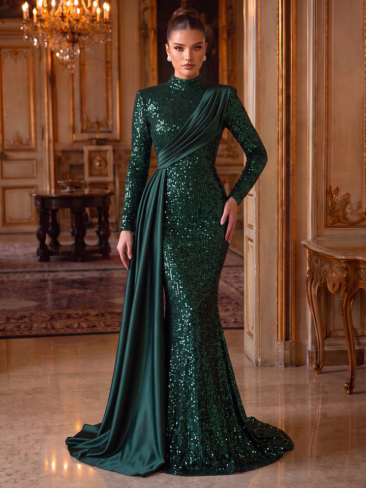 Trumpet/Mermaid High Neck Long Sleeves Sequin Satin Floor-Length Evening Dresses with Sash