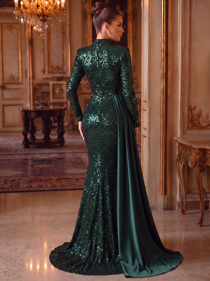 Trumpet/Mermaid High Neck Long Sleeves Sequin Satin Floor-Length Evening Dresses with Sash