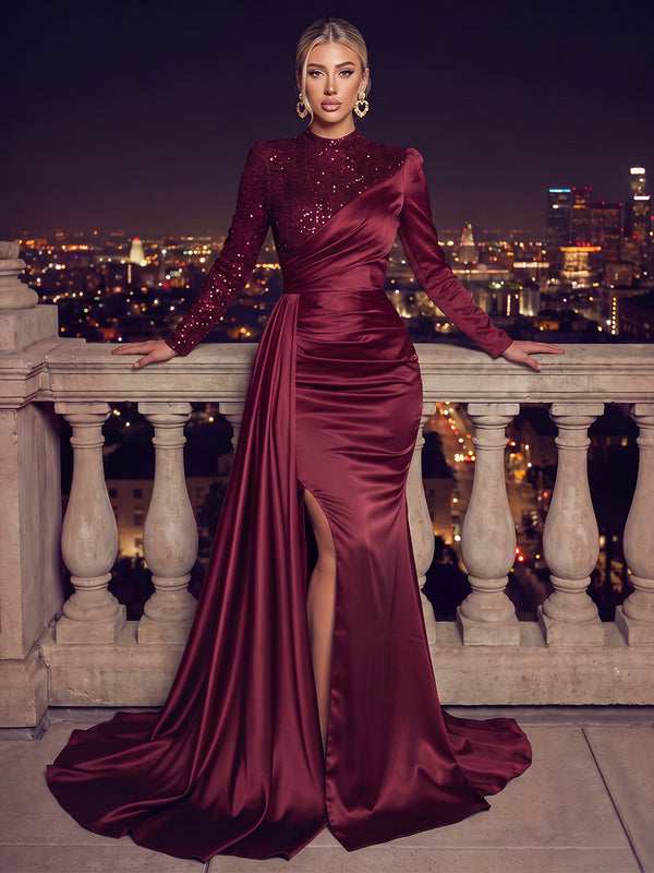 Trumpet/Mermaid Scoop Long Sleeves Sequin Satin Floor-Length Evening Dresses with Sash