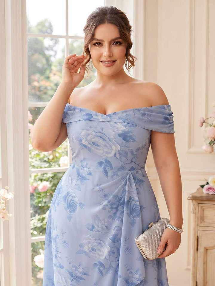 A-Line/Princess Off-the-Shoulder Sleeveless Asymmetrical Plus Size Mother of the Bride Dresses With Ruffles &amp; Floral