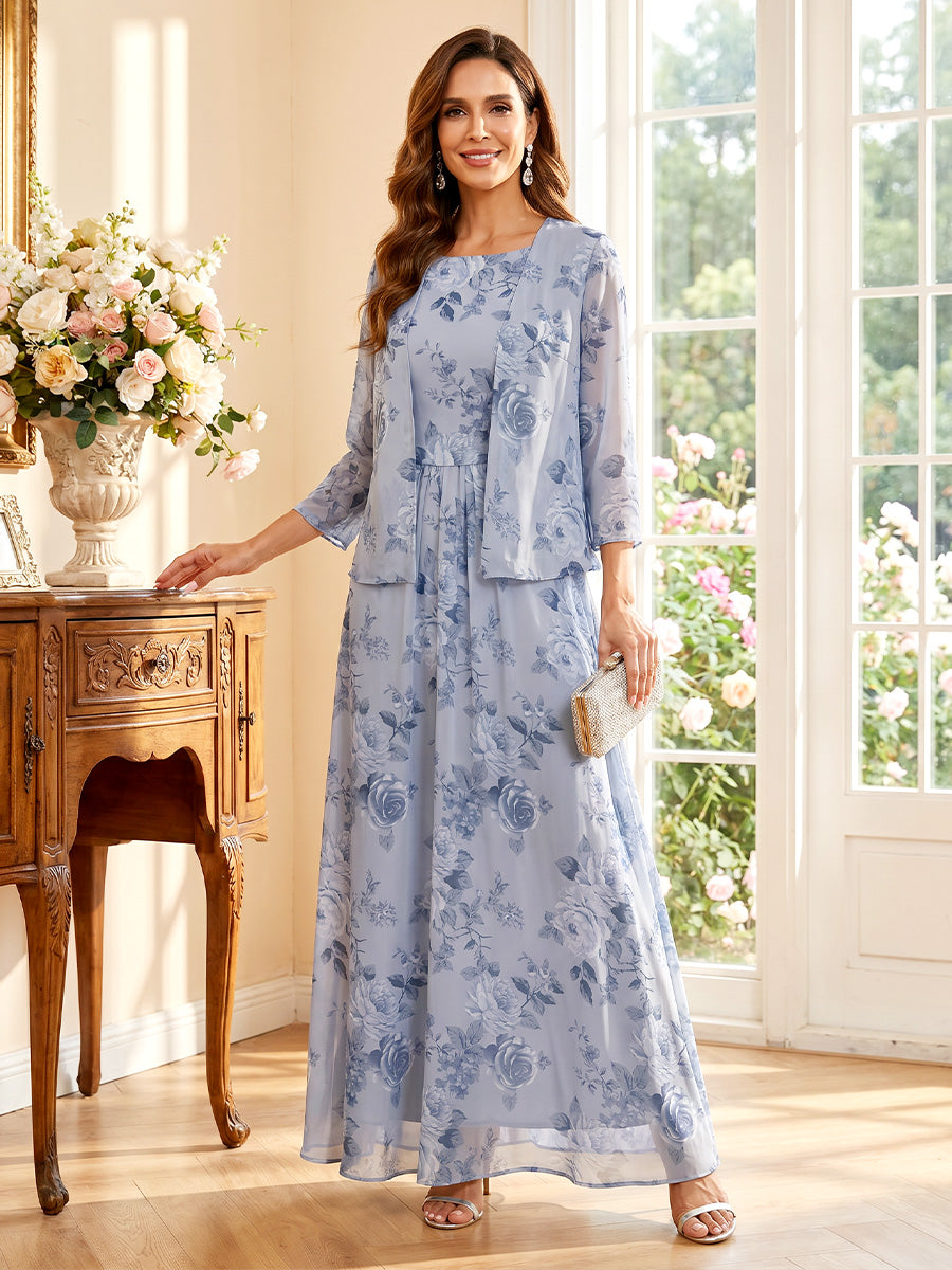 A-Line/Princess Scoop 3/4 Sleeves Floor-Length Mother of the Bride Dresses with Jacket &amp; Ruched