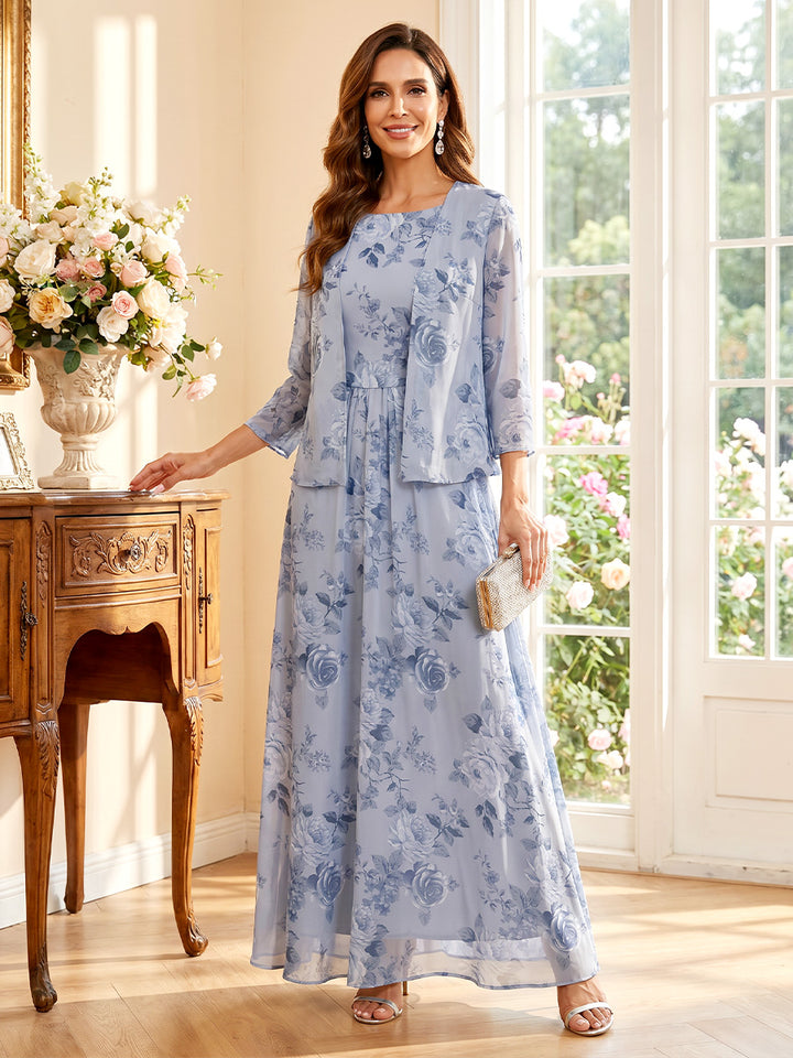 A-Line/Princess Scoop 3/4 Sleeves Floor-Length Mother of the Bride Dresses with Jacket &amp; Ruched