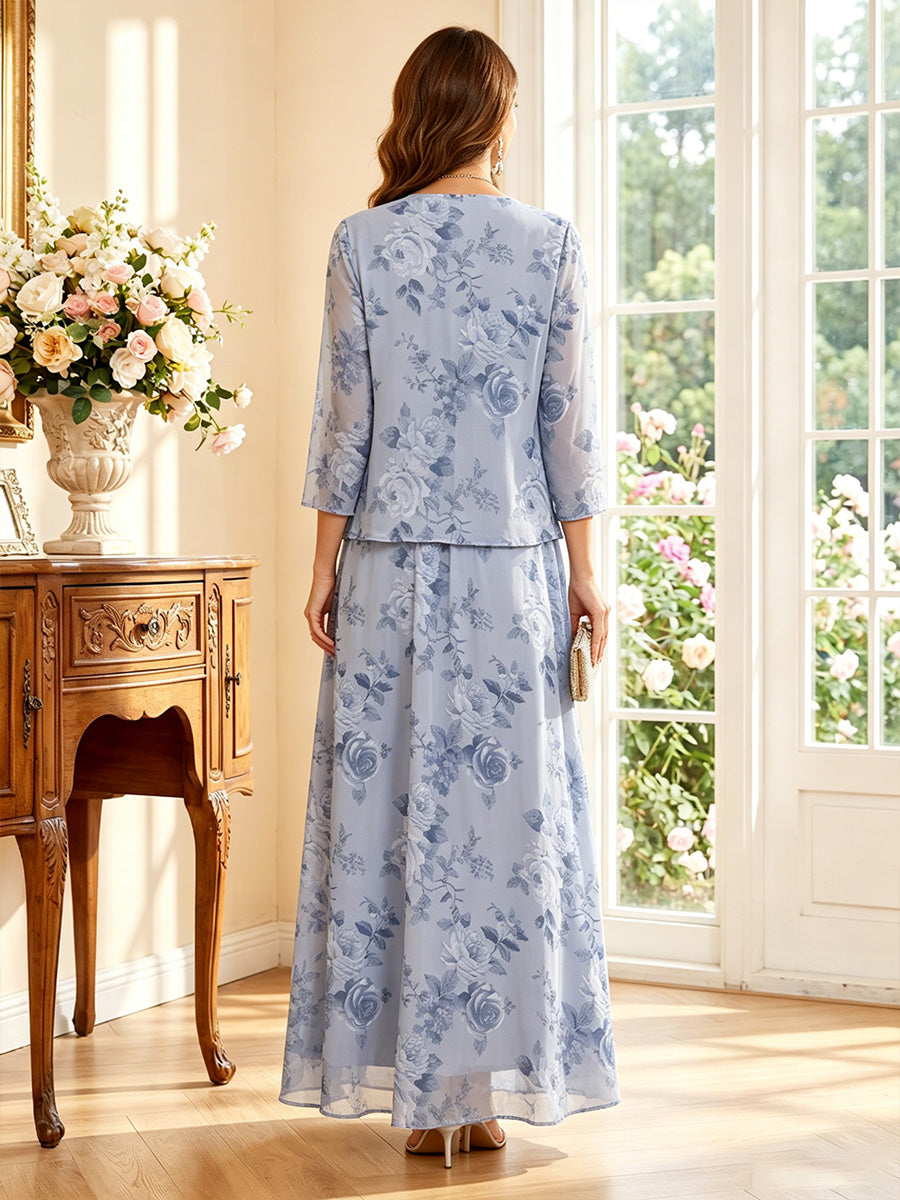 A-Line/Princess Scoop 3/4 Sleeves Floor-Length Mother of the Bride Dresses with Jacket &amp; Ruched