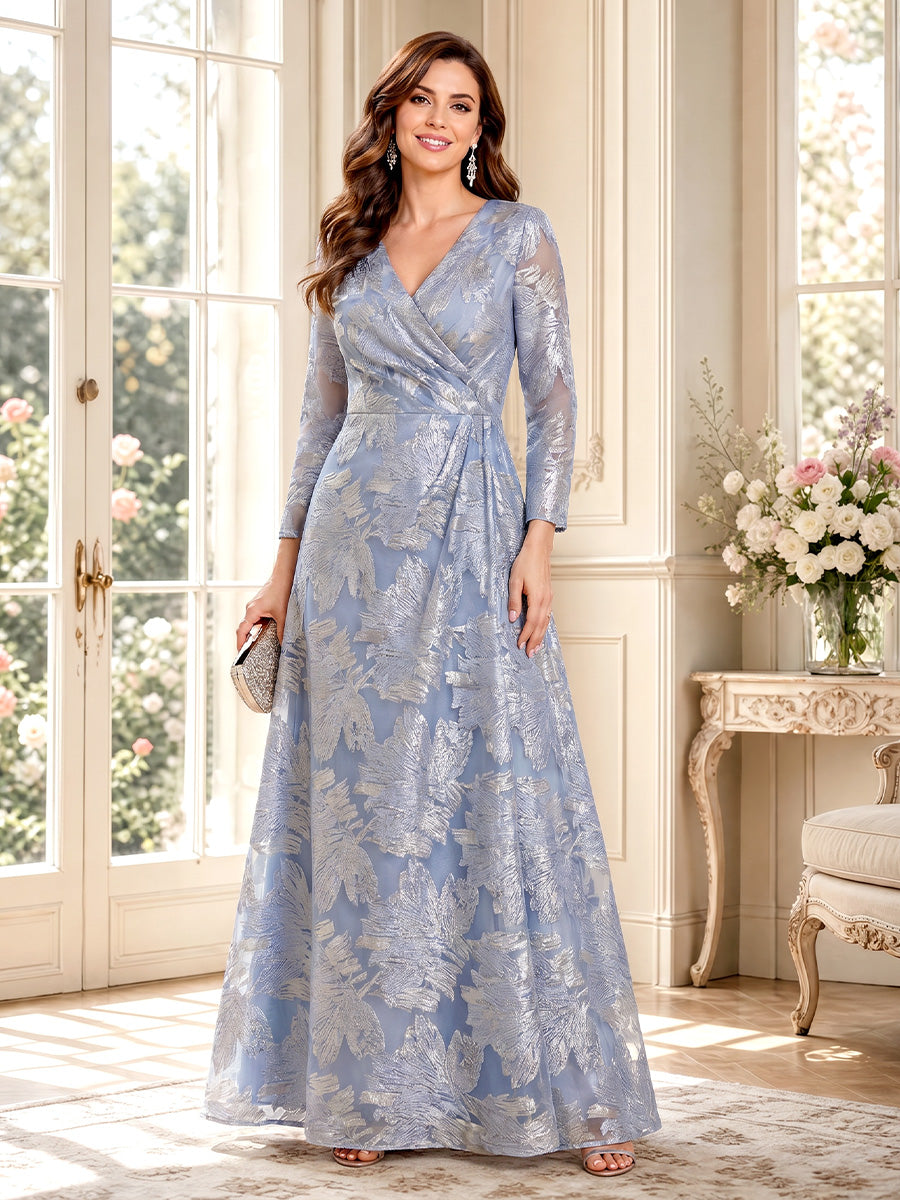 A-Line/Princess V-Neck Long Sleeves Floor-Length Mother of the Bride Dresses with Ruched