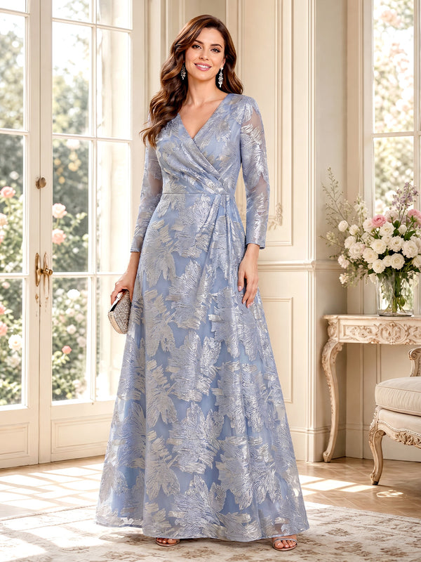 A-Line/Princess V-Neck Long Sleeves Floor-Length Mother of the Bride Dresses with Ruched