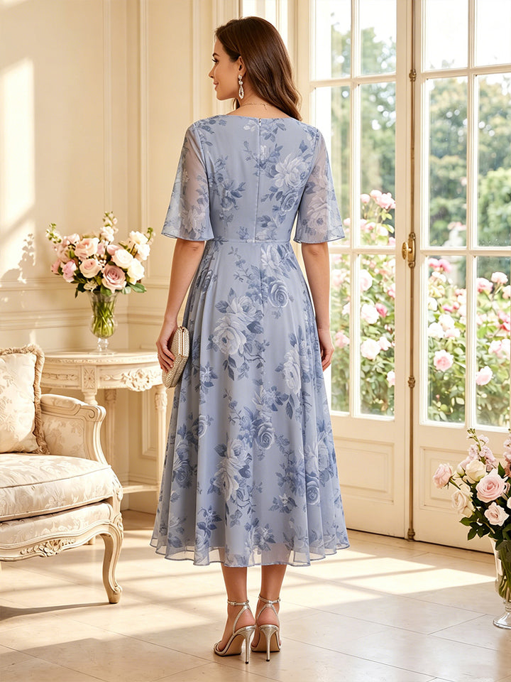 A-Line/Princess Cowl Neck Half Sleeves Tea-Length Mother of the Bride Dresses with Pleats