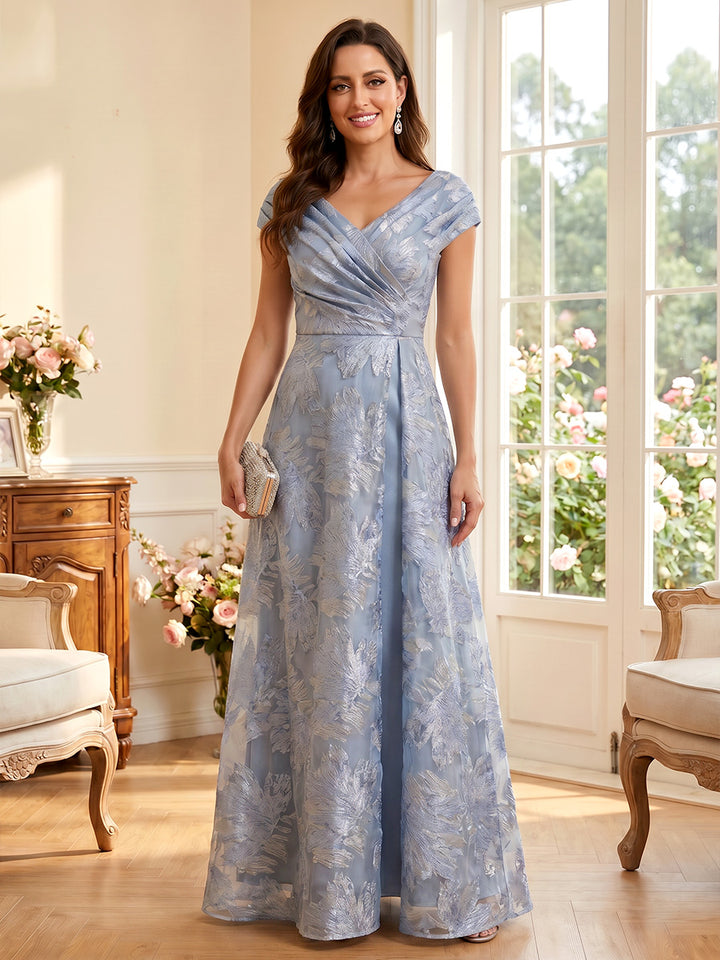 A-Line/Princess V-Neck Short Sleeves Floor-Length Mother of the Bride Dresses with Ruched