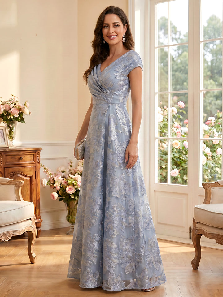 A-Line/Princess V-Neck Short Sleeves Floor-Length Mother of the Bride Dresses with Ruched