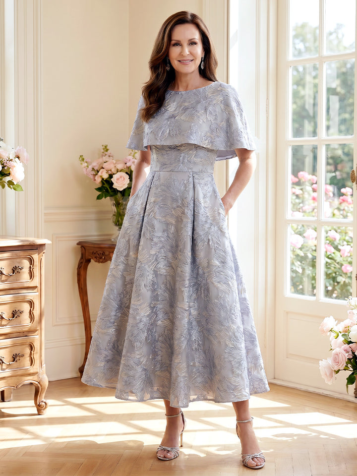 A-Line/Princess Scoop Half Sleeves Tea-Length Mother of the Bride Dresses with Ruched