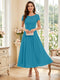 A-Line/Princess Scoop Short Sleeves Tea-Length Mother of the Bride Dresses with Applique & Ruched