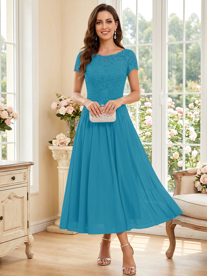A-Line/Princess Scoop Short Sleeves Tea-Length Mother of the Bride Dresses with Applique &amp; Ruched