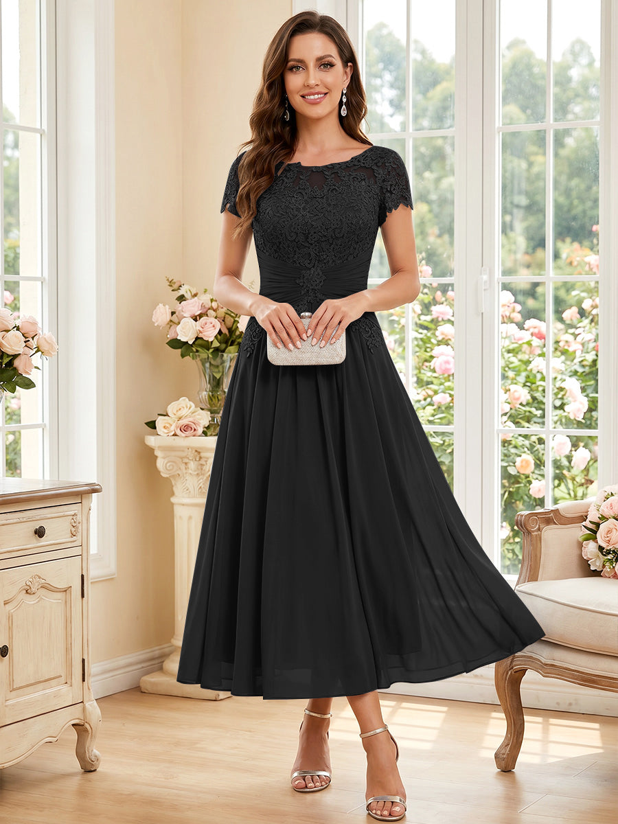 A-Line/Princess Scoop Short Sleeves Tea-Length Mother of the Bride Dresses with Applique &amp; Ruched
