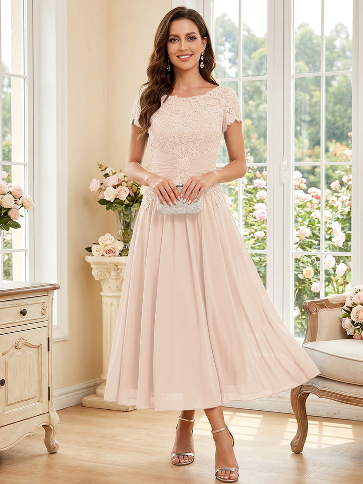 A-Line/Princess Scoop Short Sleeves Tea-Length Mother of the Bride Dresses with Applique &amp; Ruched