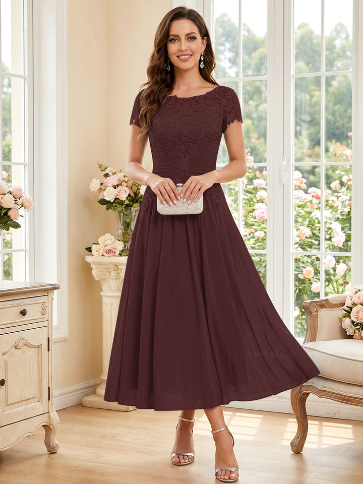 A-Line/Princess Scoop Short Sleeves Tea-Length Mother of the Bride Dresses with Applique &amp; Ruched