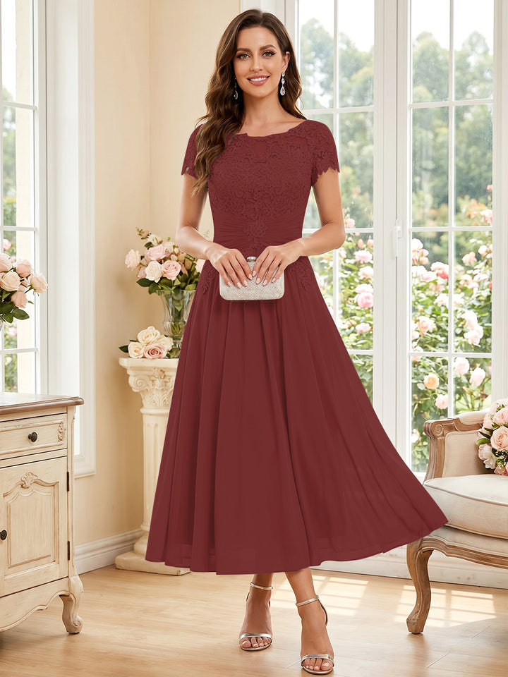 A-Line/Princess Scoop Short Sleeves Tea-Length Mother of the Bride Dresses with Applique &amp; Ruched