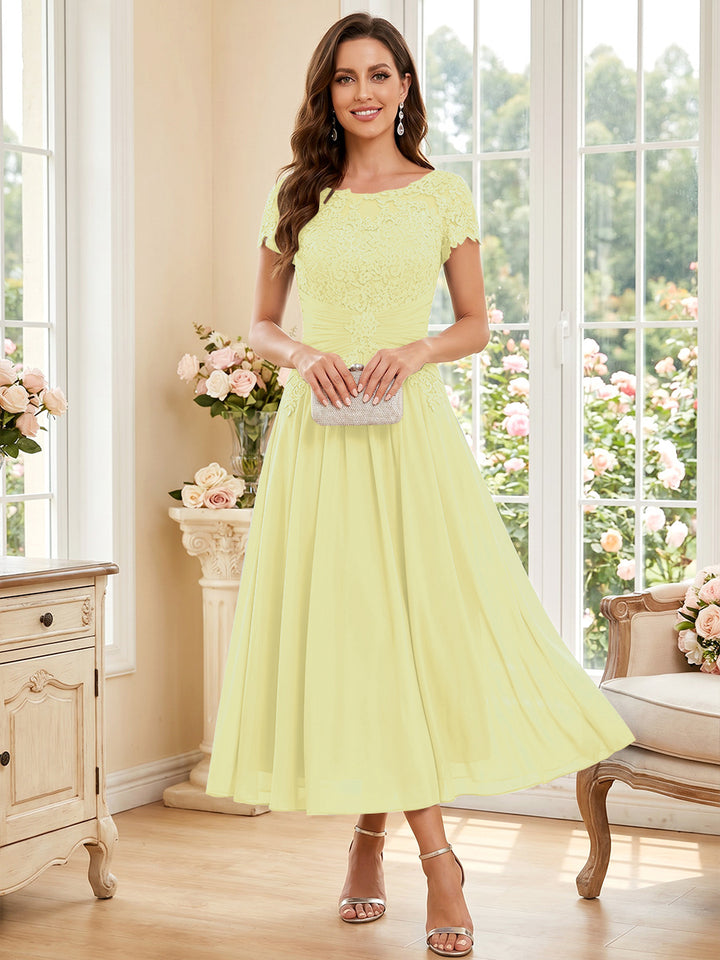A-Line/Princess Scoop Short Sleeves Tea-Length Mother of the Bride Dresses with Applique &amp; Ruched