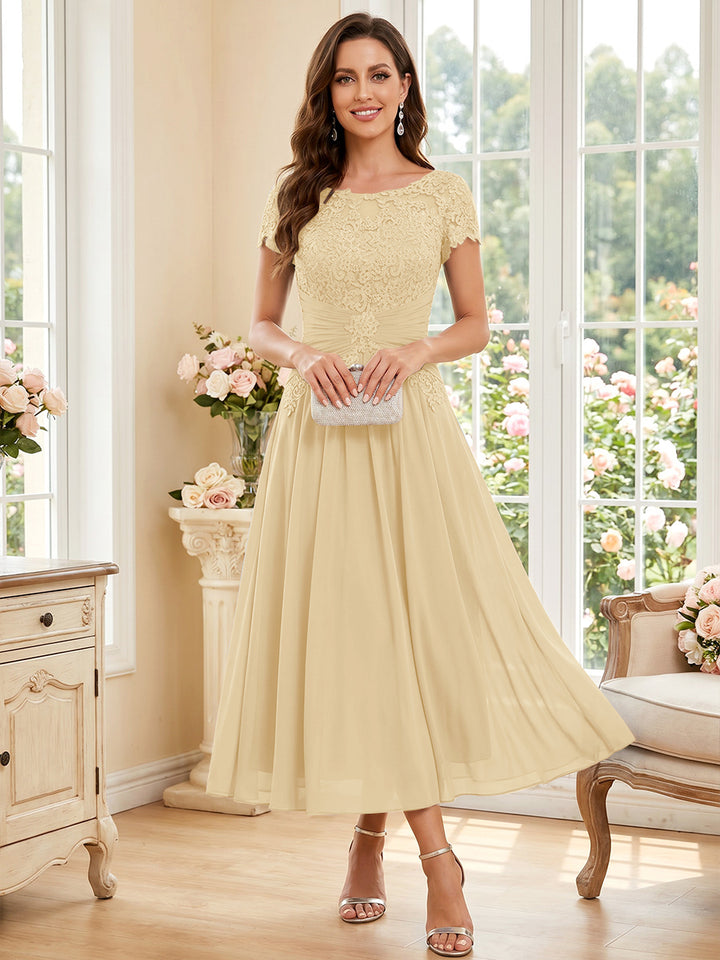A-Line/Princess Scoop Short Sleeves Tea-Length Mother of the Bride Dresses with Applique &amp; Ruched