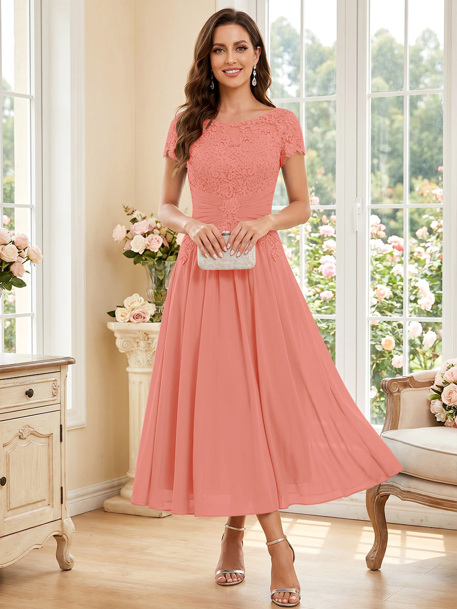 A-Line/Princess Scoop Short Sleeves Tea-Length Mother of the Bride Dresses with Applique &amp; Ruched