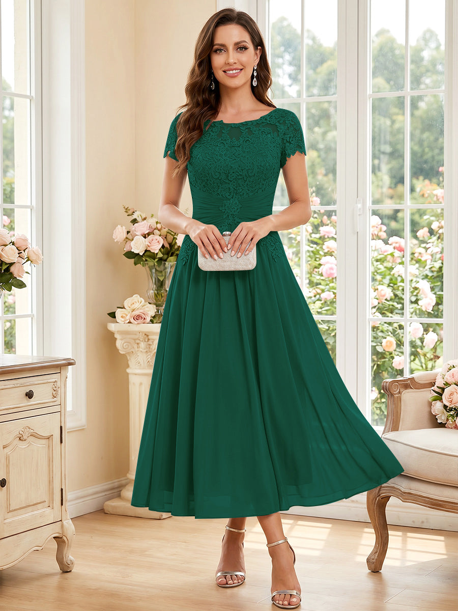A-Line/Princess Scoop Short Sleeves Tea-Length Mother of the Bride Dresses with Applique &amp; Ruched