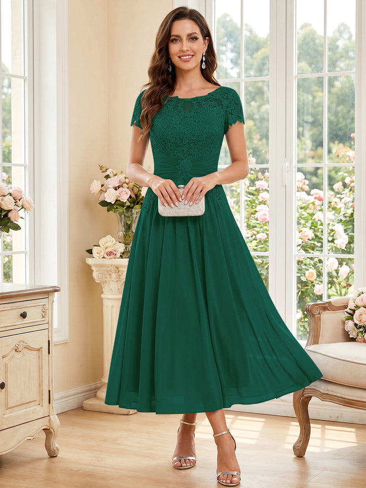 A-Line/Princess Scoop Short Sleeves Tea-Length Mother of the Bride Dresses with Applique &amp; Ruched
