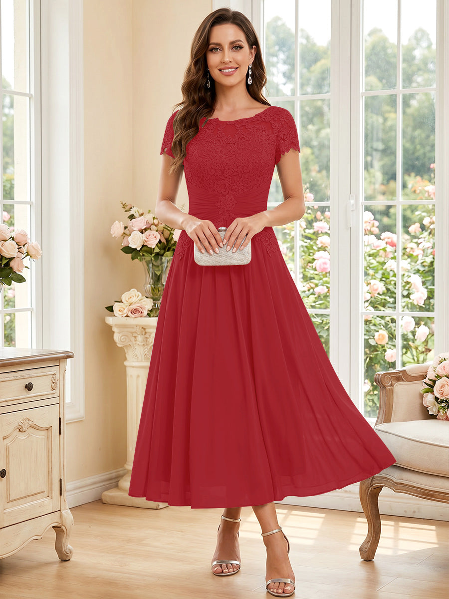 A-Line/Princess Scoop Short Sleeves Tea-Length Mother of the Bride Dresses with Applique &amp; Ruched
