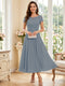 A-Line/Princess Scoop Short Sleeves Tea-Length Mother of the Bride Dresses with Applique & Ruched