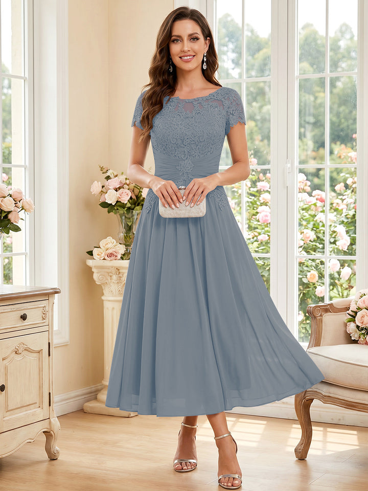 A-Line/Princess Scoop Short Sleeves Tea-Length Mother of the Bride Dresses with Applique &amp; Ruched