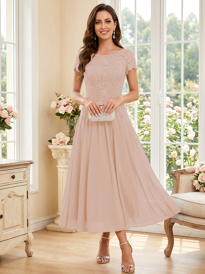 A-Line/Princess Scoop Short Sleeves Tea-Length Mother of the Bride Dresses with Applique &amp; Ruched