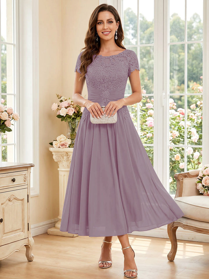 A-Line/Princess Scoop Short Sleeves Tea-Length Mother of the Bride Dresses with Applique &amp; Ruched