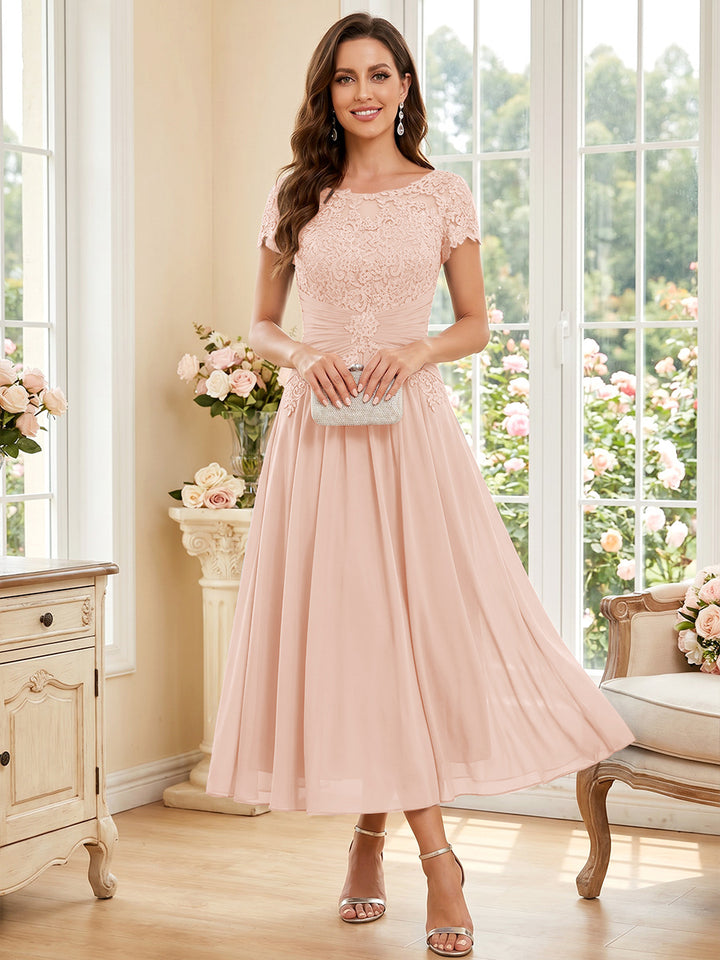 A-Line/Princess Scoop Short Sleeves Tea-Length Mother of the Bride Dresses with Applique &amp; Ruched