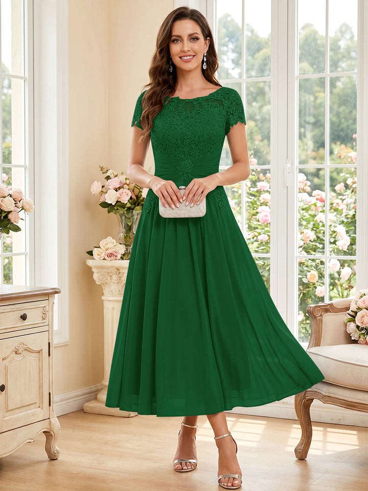 A-Line/Princess Scoop Short Sleeves Tea-Length Mother of the Bride Dresses with Applique &amp; Ruched