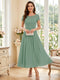 A-Line/Princess Scoop Short Sleeves Tea-Length Mother of the Bride Dresses with Applique & Ruched