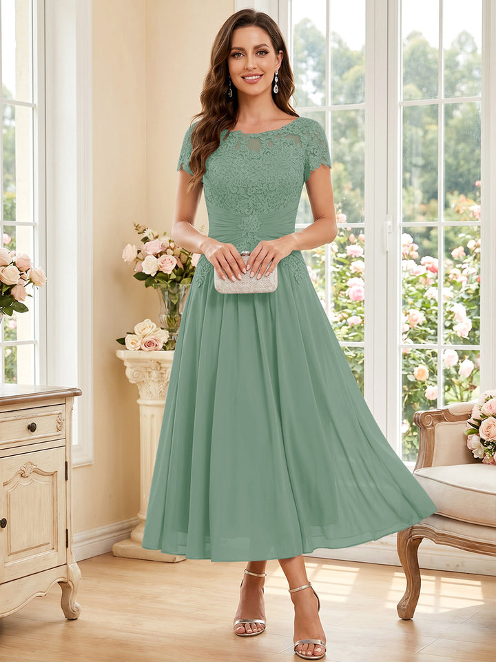 A-Line/Princess Scoop Short Sleeves Tea-Length Mother of the Bride Dresses with Applique &amp; Ruched