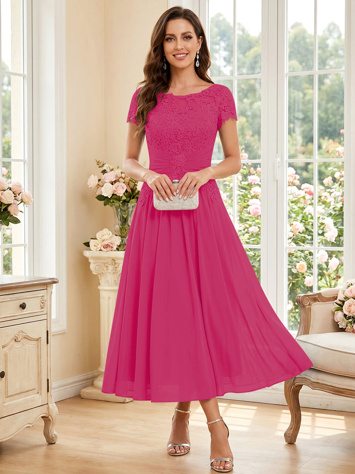 A-Line/Princess Scoop Short Sleeves Tea-Length Mother of the Bride Dresses with Applique &amp; Ruched