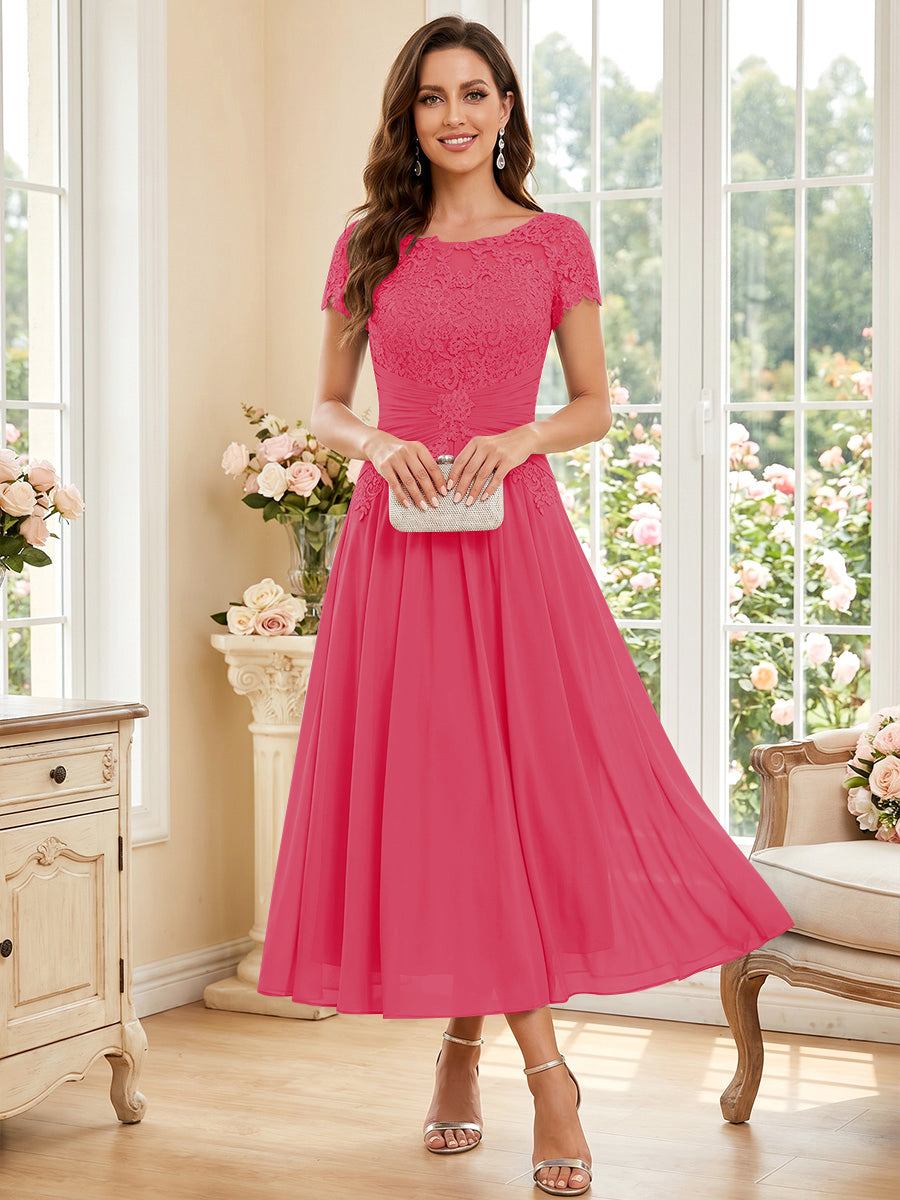 A-Line/Princess Scoop Short Sleeves Tea-Length Mother of the Bride Dresses with Applique &amp; Ruched