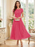 A-Line/Princess Scoop Short Sleeves Tea-Length Mother of the Bride Dresses with Applique & Ruched