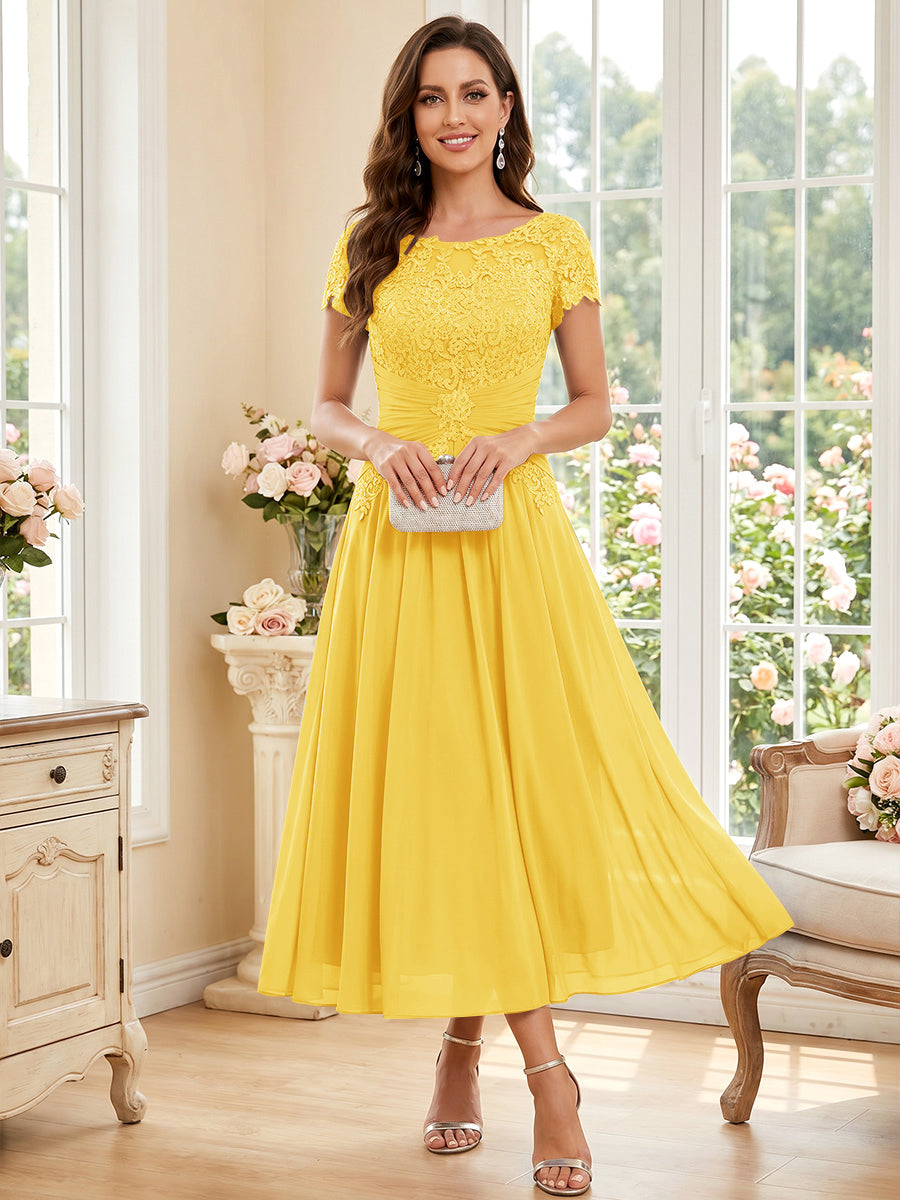 A-Line/Princess Scoop Short Sleeves Tea-Length Mother of the Bride Dresses with Applique &amp; Ruched