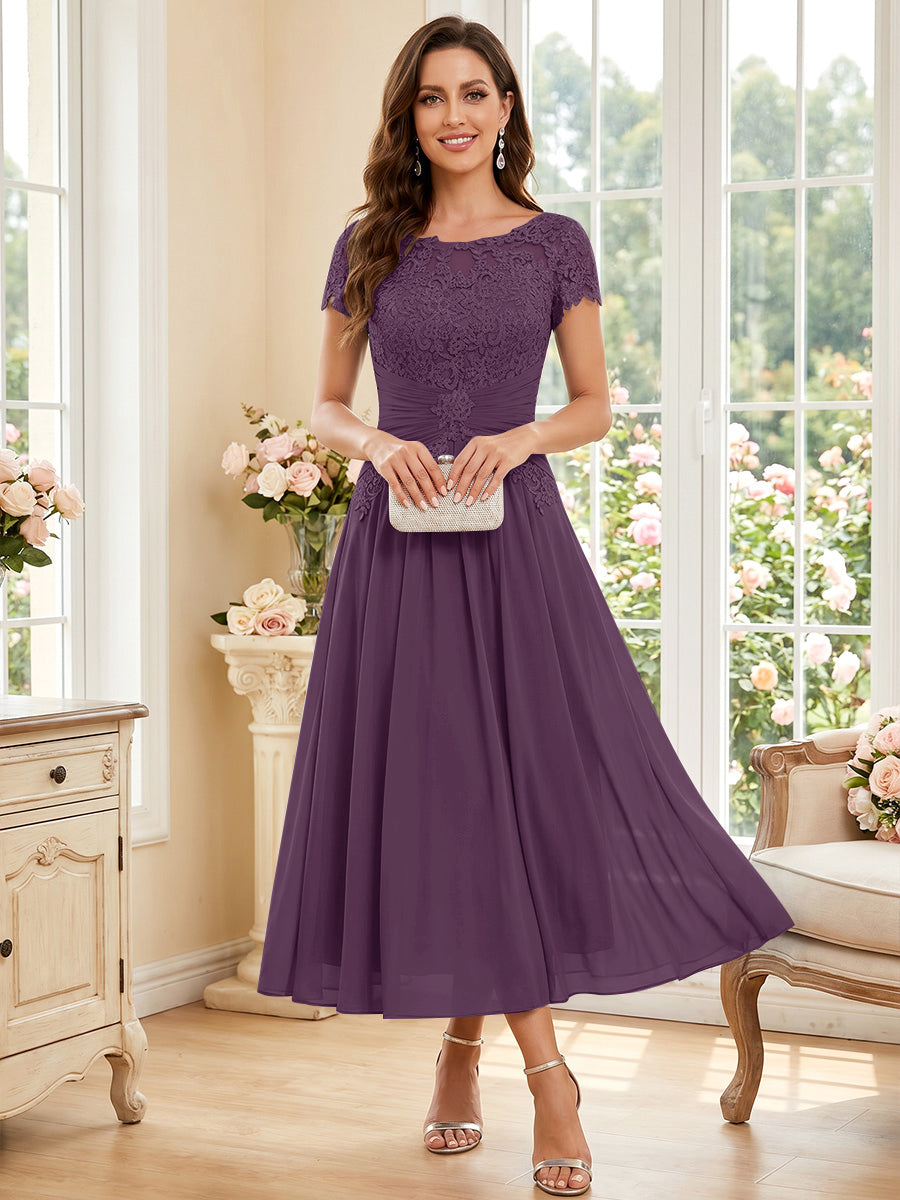 A-Line/Princess Scoop Short Sleeves Tea-Length Mother of the Bride Dresses with Applique &amp; Ruched