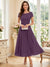 A-Line/Princess Scoop Short Sleeves Tea-Length Mother of the Bride Dresses with Applique & Ruched
