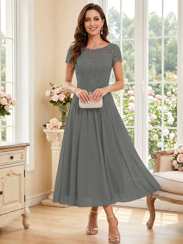 A-Line/Princess Scoop Short Sleeves Tea-Length Mother of the Bride Dresses with Applique &amp; Ruched