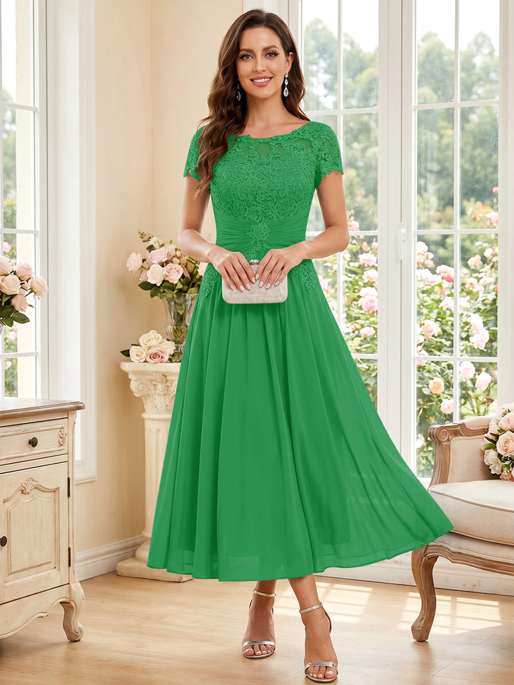 A-Line/Princess Scoop Short Sleeves Tea-Length Mother of the Bride Dresses with Applique &amp; Ruched