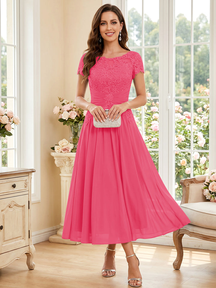 A-Line/Princess Scoop Short Sleeves Tea-Length Mother of the Bride Dresses with Applique &amp; Ruched