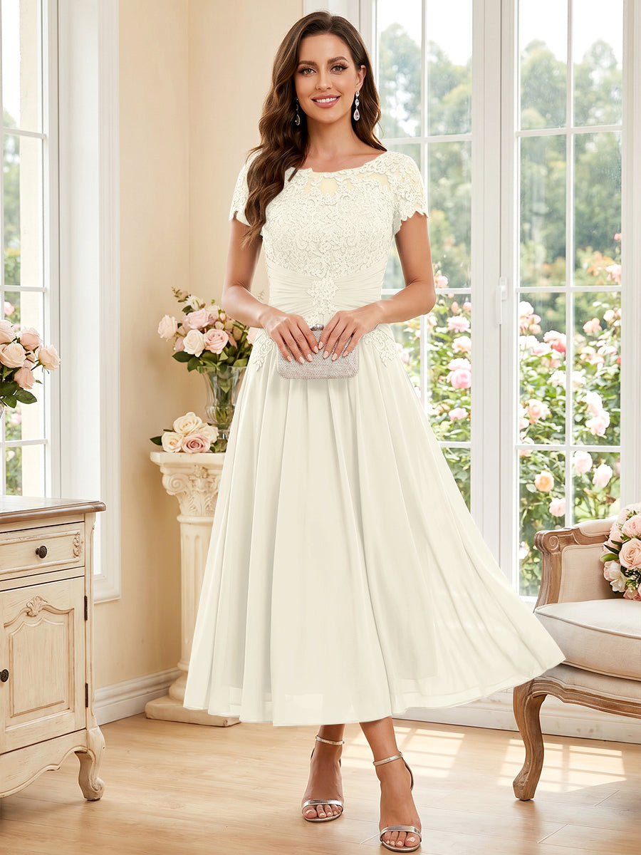 A-Line/Princess Scoop Short Sleeves Tea-Length Mother of the Bride Dresses with Applique &amp; Ruched