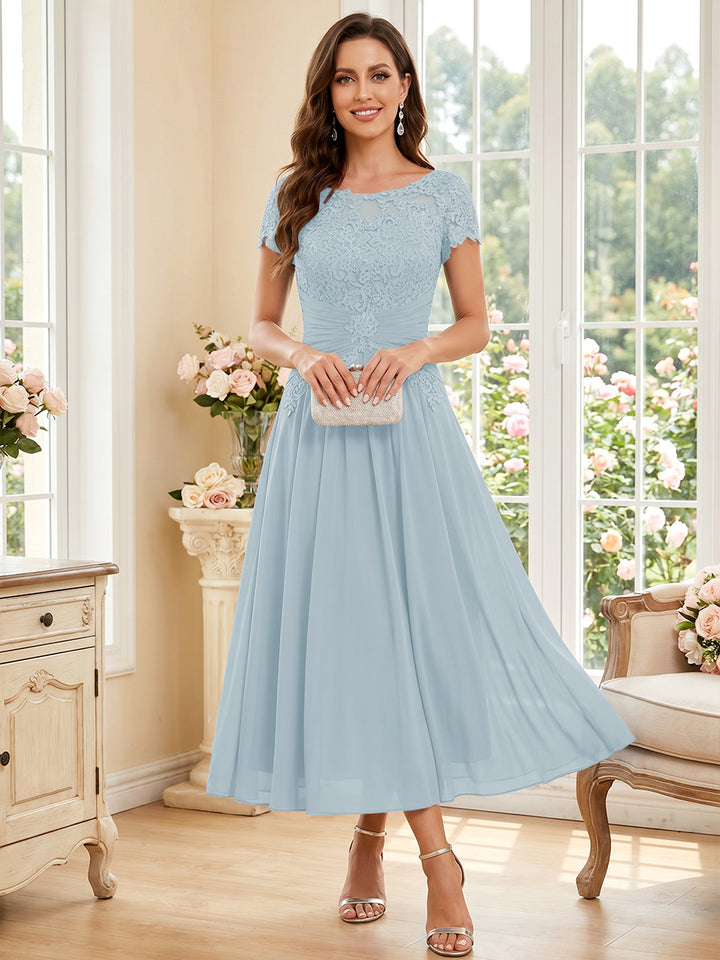 A-Line/Princess Scoop Short Sleeves Tea-Length Mother of the Bride Dresses with Applique &amp; Ruched