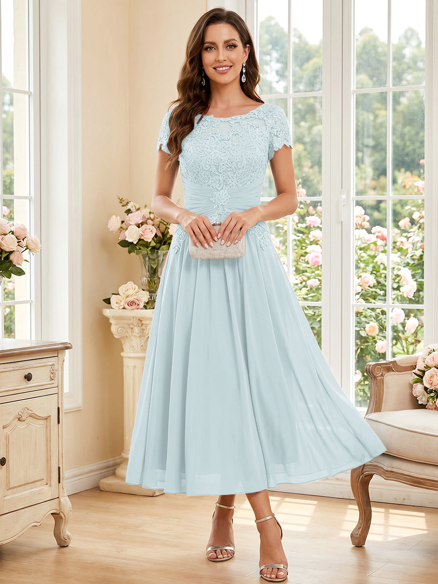 A-Line/Princess Scoop Short Sleeves Tea-Length Mother of the Bride Dresses with Applique &amp; Ruched